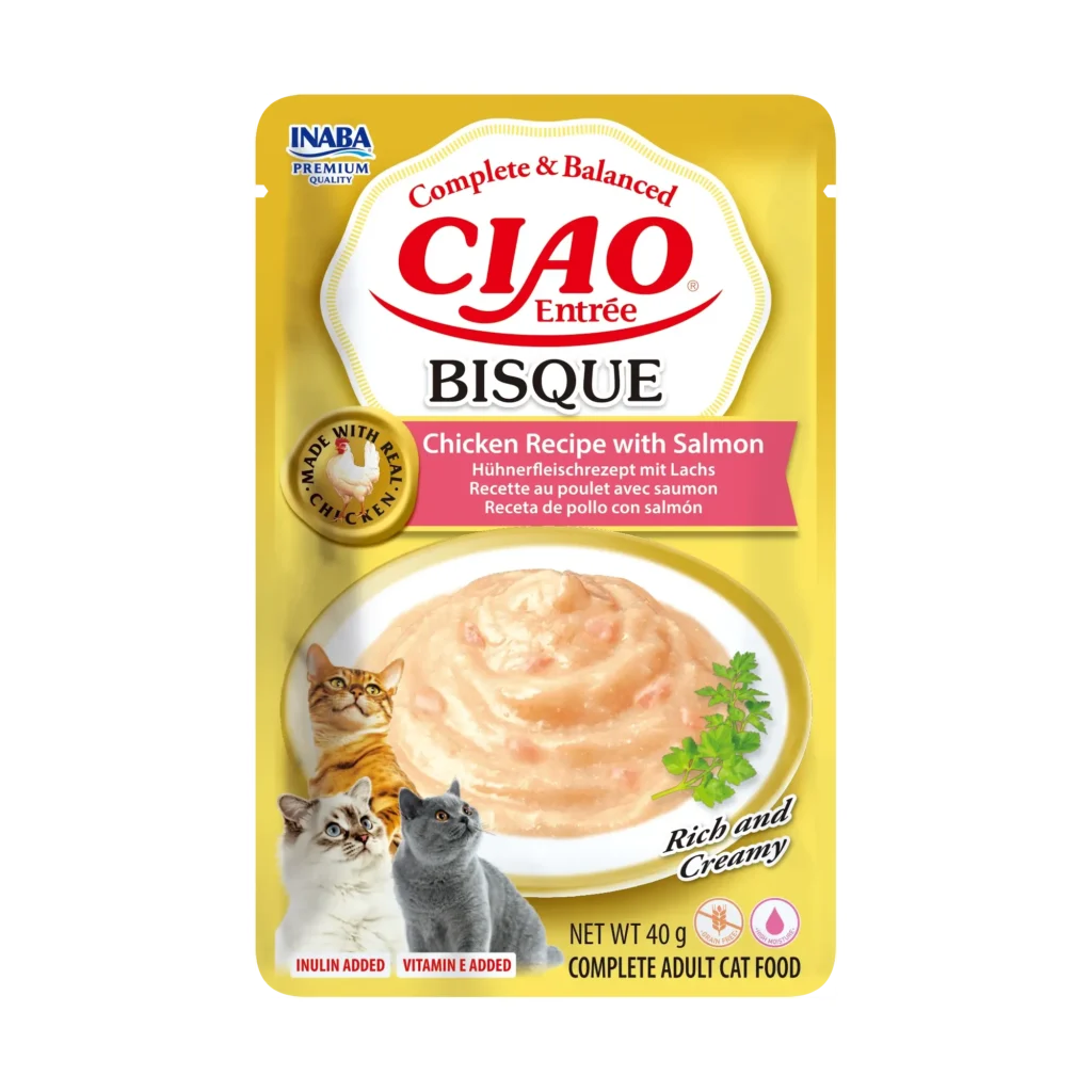 Front packaging of Ciao Entrée Bisque Chicken Recipe with Salmon