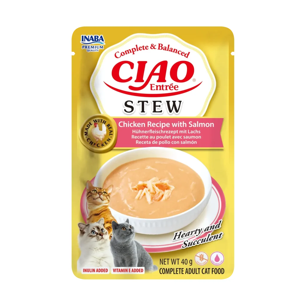 Front packaging of Ciao Entrée Stew Chicken Recipe with Salmon