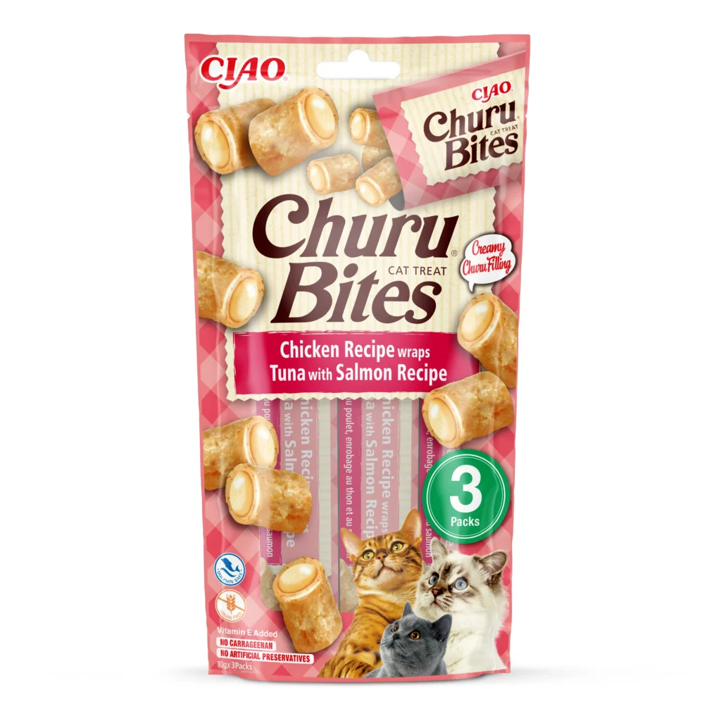 Front packaging of Churu BITES Chicken Recipe wraps Tuna with Salmon Recipe