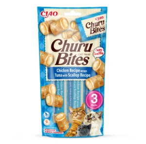 Front packaging of Churu BITES Chicken Recipe wraps Tuna with Scallop Recipe
