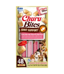 Front packaging of Churu Bites Joint Support Chicken Recipe wraps Chicken with Salmon Recipe