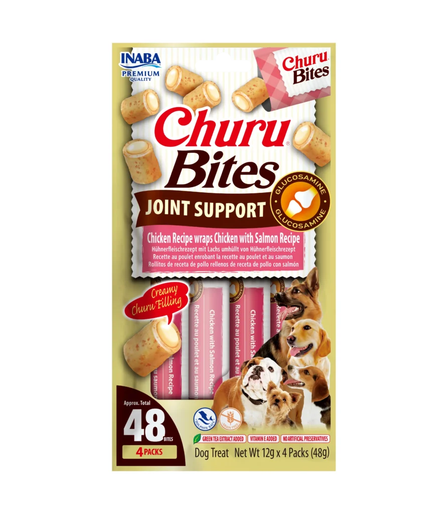 Front packaging of Churu Bites Joint Support Chicken Recipe wraps Chicken with Salmon Recipe