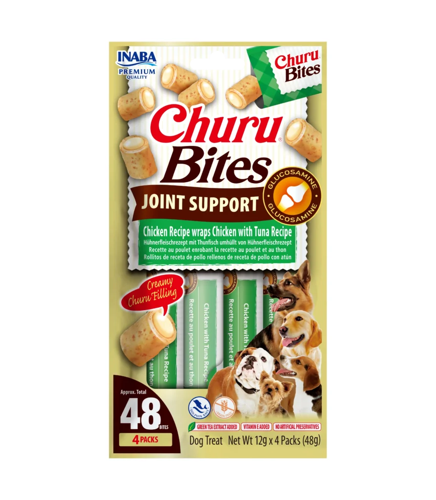 Front packaging of Churu Bites Joint Support Chicken Recipe wraps Chicken with Tuna Recipe