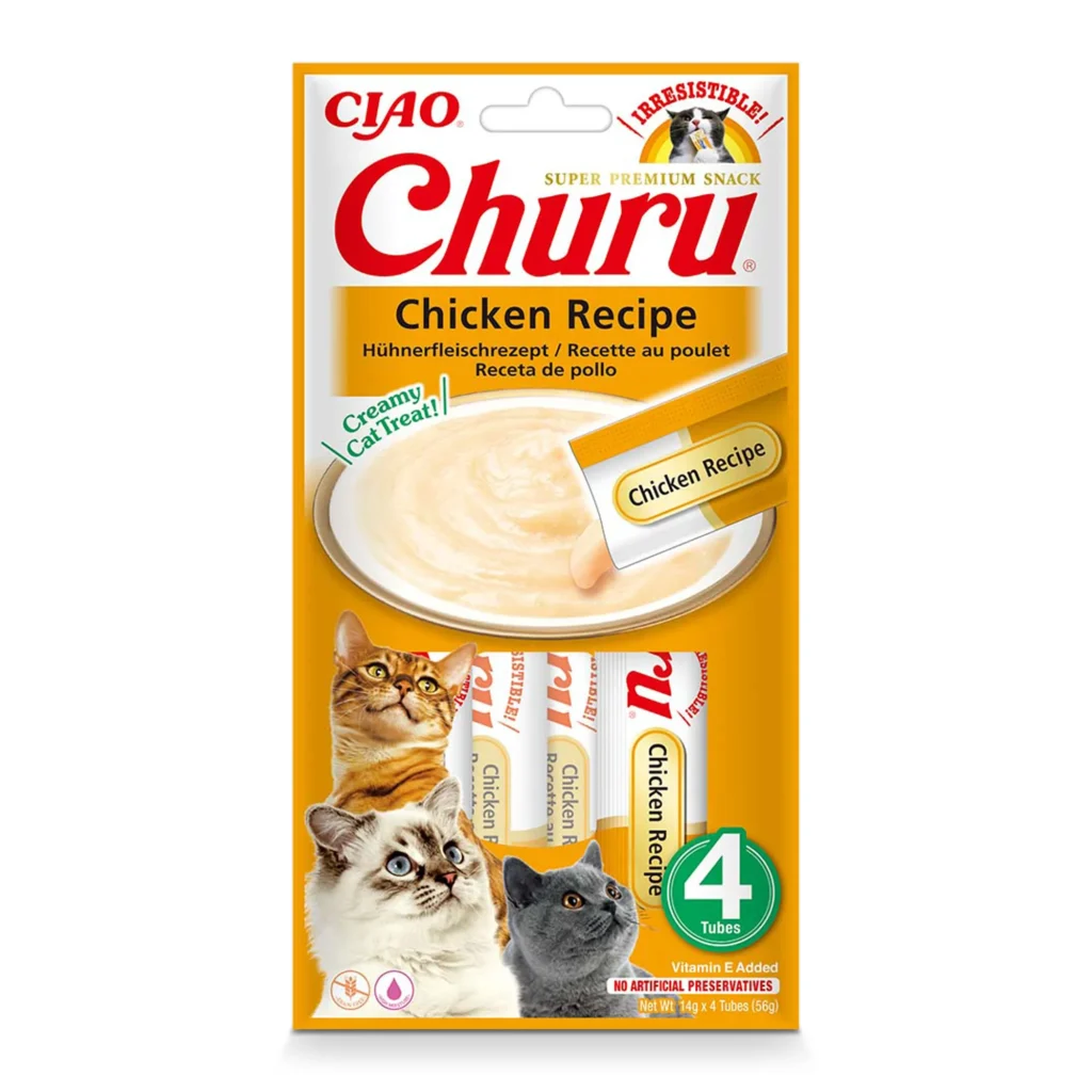 Front packaging of Churu Chicken Recipe cat treats, 4 tubes pack.