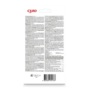 Back of Churu Chicken With Beef Recipe packaging showing ingredients and nutritional analysis.