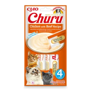 Front packaging of Churu Chicken With Beef Recipe cat treats, 4 tubes pack