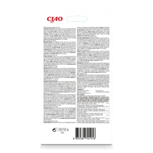 Back of Churu Chicken With Beef and Cheese Recipe packaging showing ingredients and nutritional analysis.
