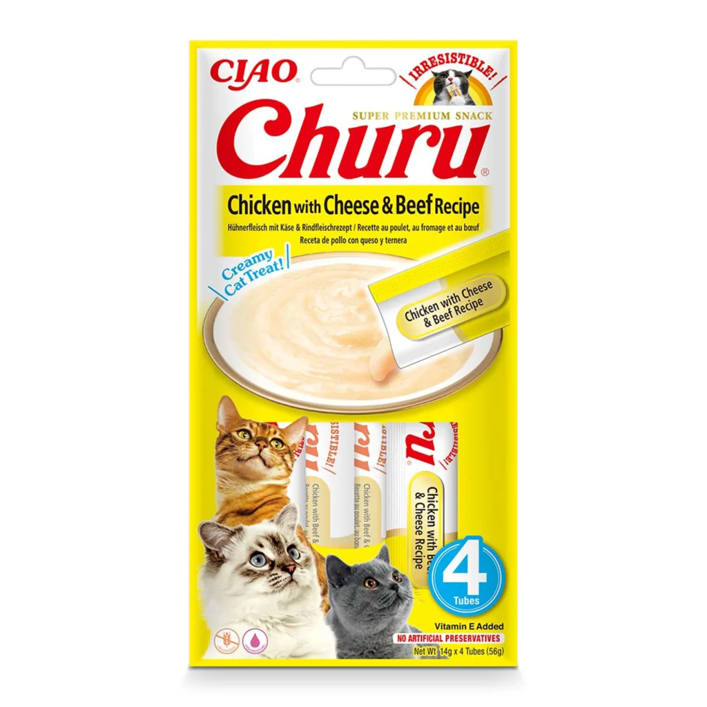 Front packaging of Churu Chicken With Beef and Cheese Recipe cat treats, 4 tubes pack