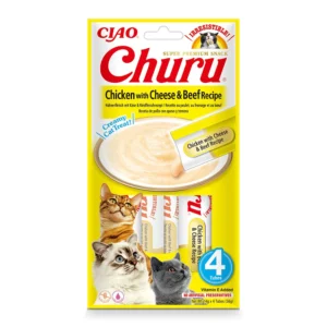 Front packaging of Churu Chicken With Beef and Cheese Recipe cat treats, 4 tubes pack