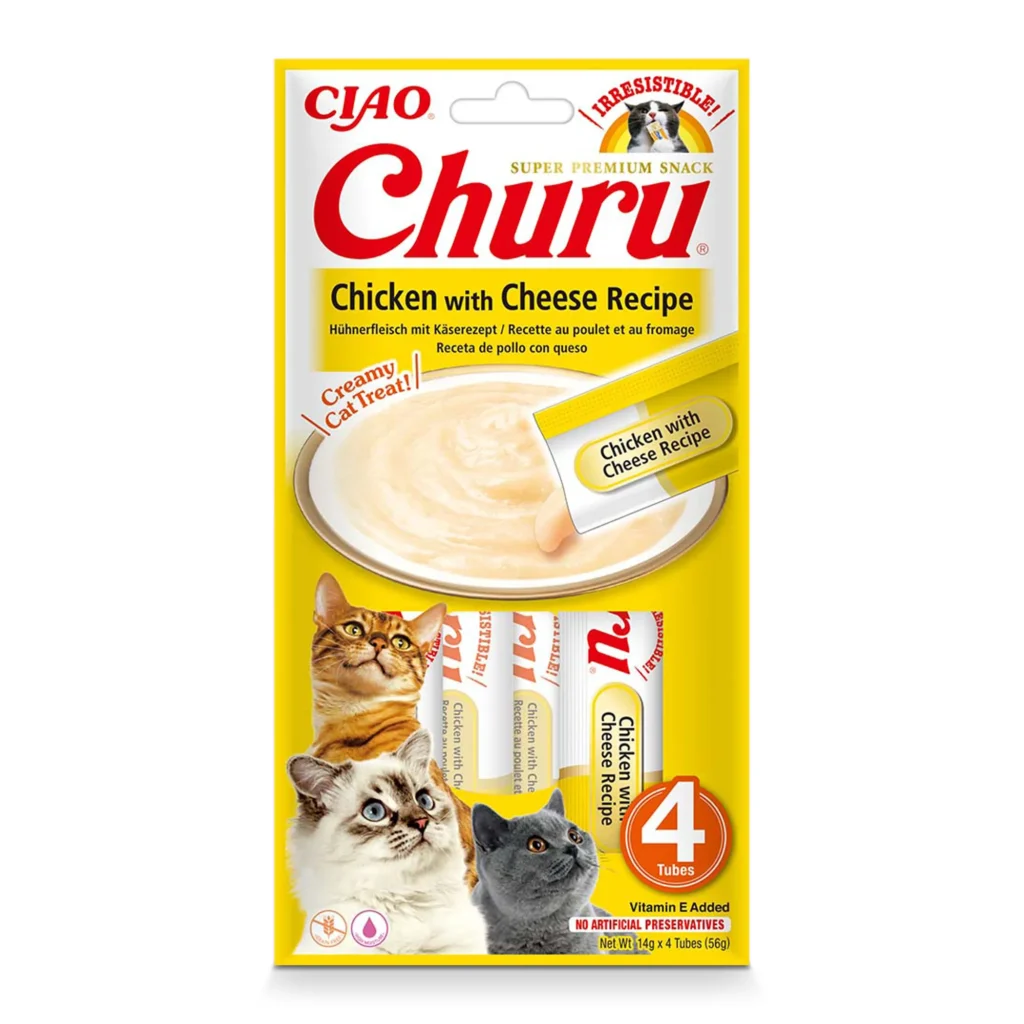Front packaging of Churu Chicken With Cheese Recipe cat treats, 4 tubes pack