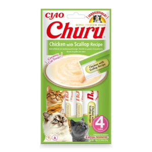 Front packaging of Churu Chicken with Scallop Recipe cat treats, 4 tubes pack.