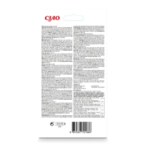 Back of Churu Chicken with Salmon Recipe packaging showing ingredients and nutritional analysis.