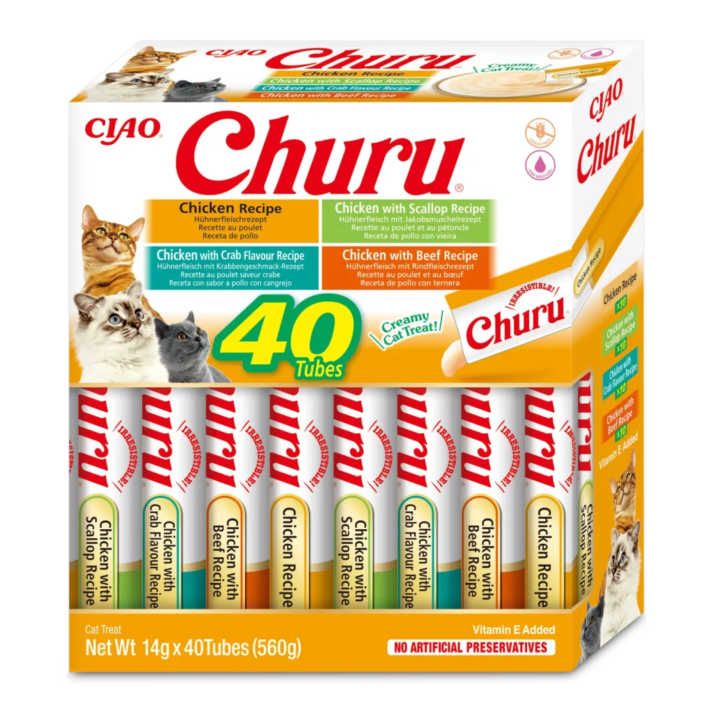 Front packaging of Churu Multipack Chicken Varieties cat treats, 40 tubes pack.