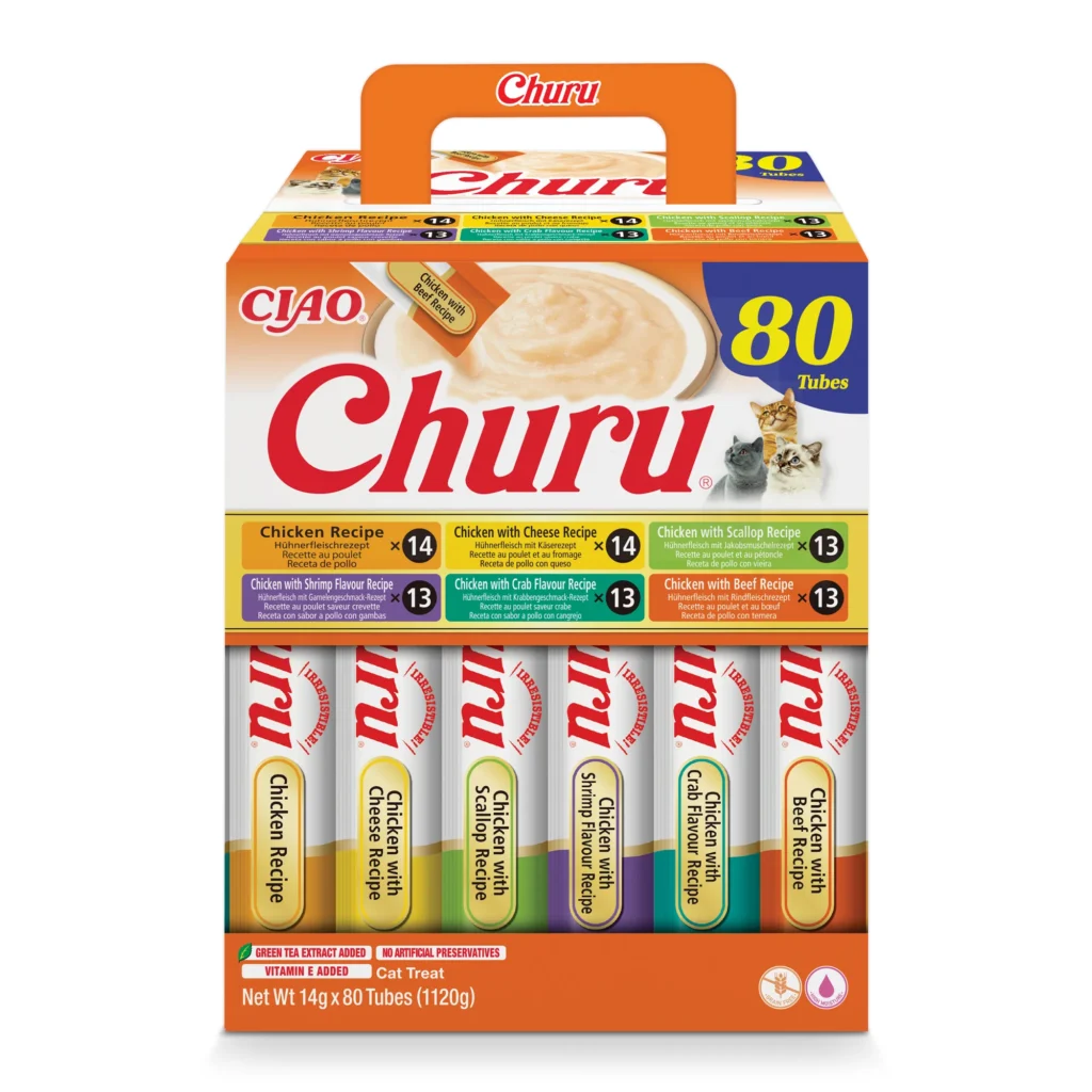 Front packaging of Churu Multipack Chicken Varieties cat treats, 80 tubes pack