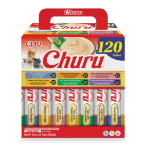 Front packaging of Churu Multipack Chicken and Tuna Varieties cat treats, 120 tubes pack.