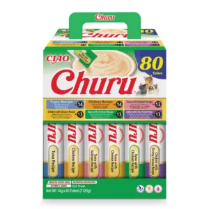 Front packaging of Churu Multipack Chicken and Tuna Varieties cat treats, 80 tubes pack.
