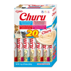 Front packaging of Churu Multipack Tuna Seafood Varieties cat treats, 20 tubes pack
