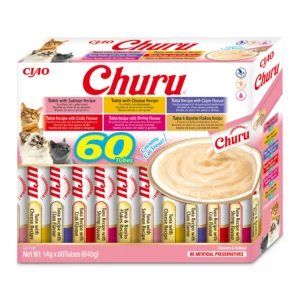 Front packaging of Churu Multipack Tuna Variety cat treats, 60 tubes pack