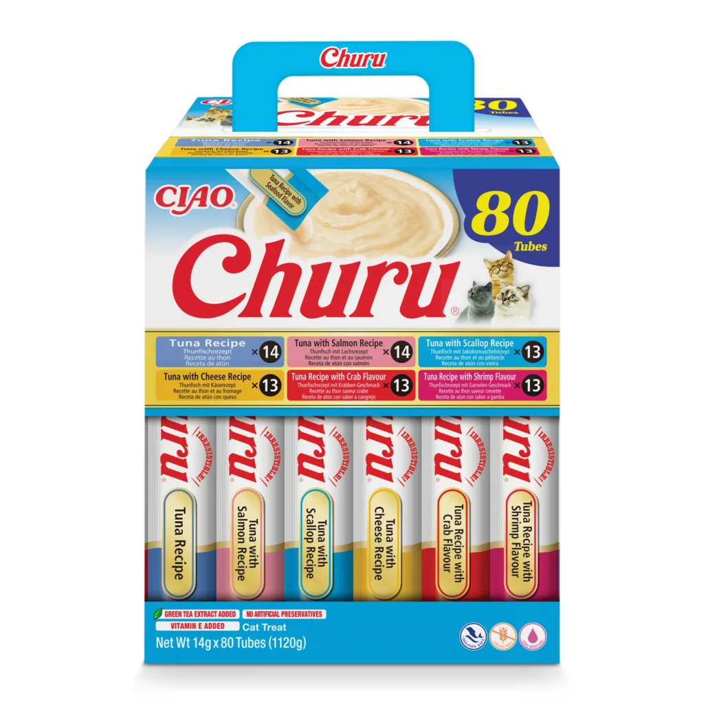 Front packaging of Churu Multipack Tuna Varieties cat treats, 80 tubes pack