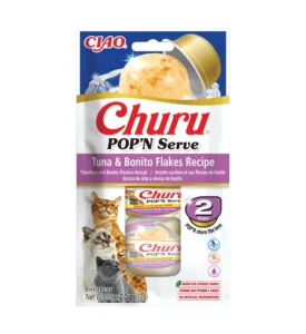 Front packaging of Churu POP'N SERVE Tuna & Bonito Flakes Recipe