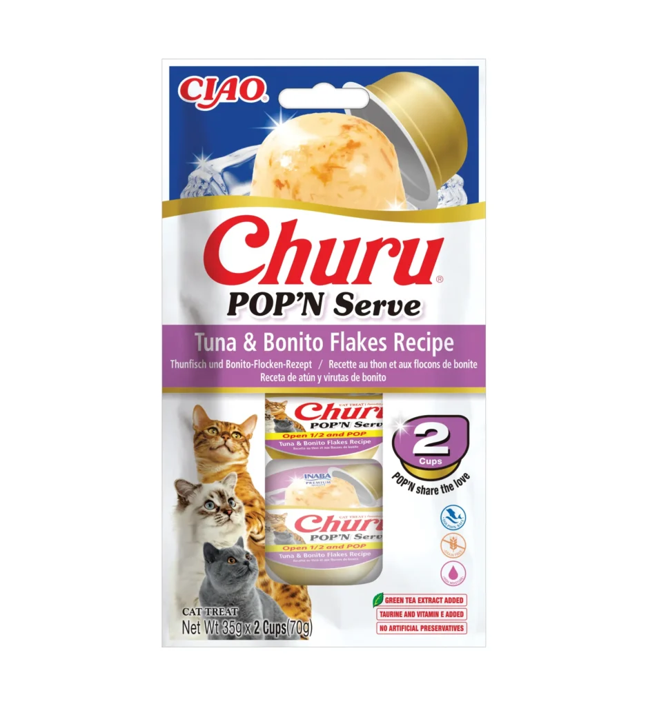 Front packaging of Churu POP'N SERVE Tuna & Bonito Flakes Recipe