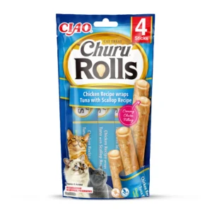 Front packaging of Churu ROLLS Chicken Recipe wraps Tuna with Scallop Recipe