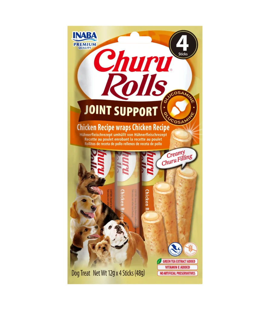 Front packaging of Churu Rolls Joint Support Chicken Recipe wraps Chicken Recipe