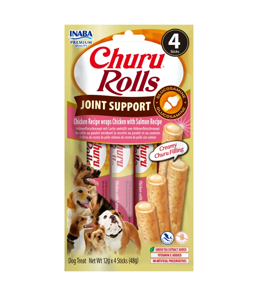 Front packaging of Churu Rolls Joint Support Chicken Recipe wraps Chicken with Salmon Recipe