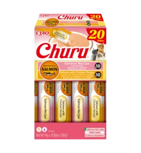 Front packaging of Churu Salmon & Chicken Variety, 20 tubes pack