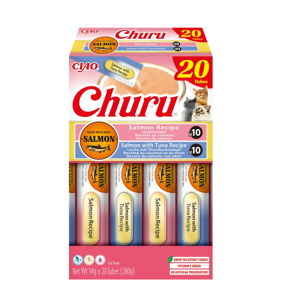 Front packaging of Churu Salmon & Tuna Variety, 20 tubes pack