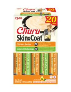 Front packaging of Churu Skin & Coat Chicken variety, 20 tubes pack.
