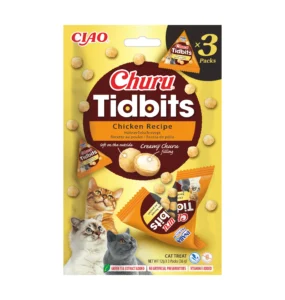 Front packaging of Churu TIDBITS 3P Chicken Recipe, 3 tubes pack.