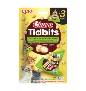 Front packaging of Churu TIDBITS 3P Chicken Recipe with Dashi Flavour, 3 tubes pack.