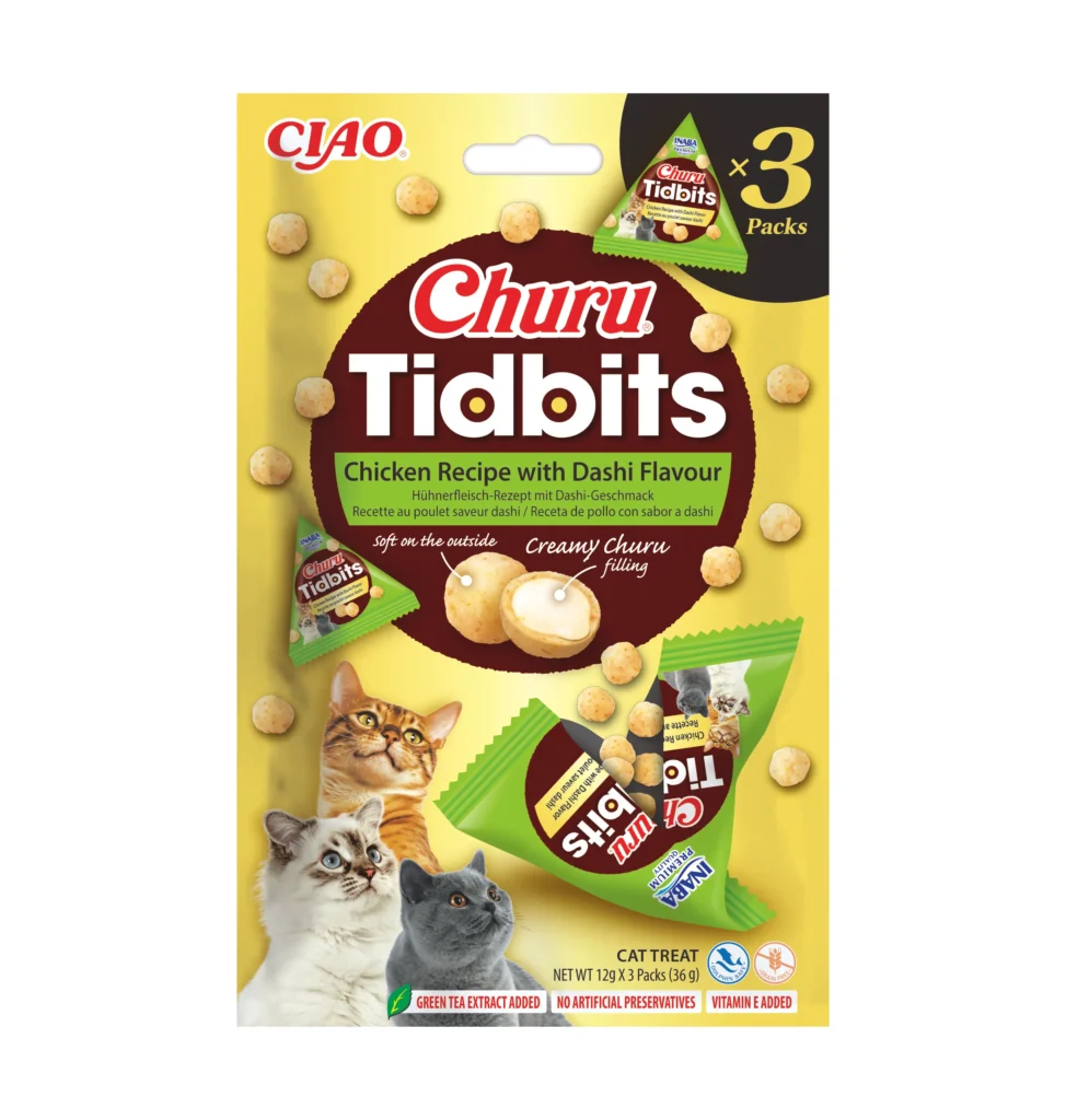 Front packaging of Churu TIDBITS 3P Chicken Recipe with Dashi Flavour, 3 tubes pack.