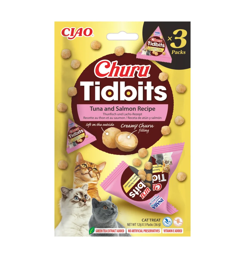 Front packaging of Churu TIDBITS 3P Tuna and Salmon Recipe