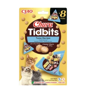 Front packaging of Churu TIDBITS 8P Tuna Recipe, 8 tubes pack.