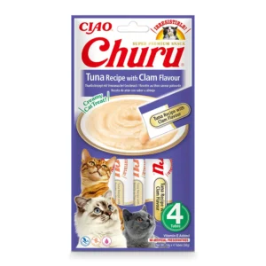 Front packaging of Churu Tuna Recipe with Clam Flavour cat treats, 4 tubes pack.