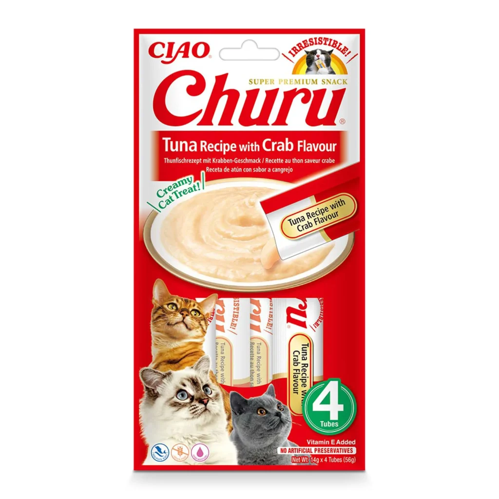 Front packaging of Churu Tuna Recipe with Crab Flavour cat treats, 4 tubes pack