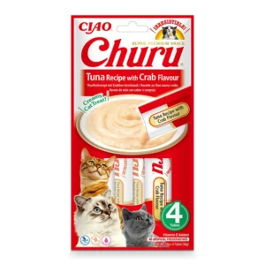 Front packaging of Churu Tuna Recipe with Crab Flavour cat treats, 4 tubes pack