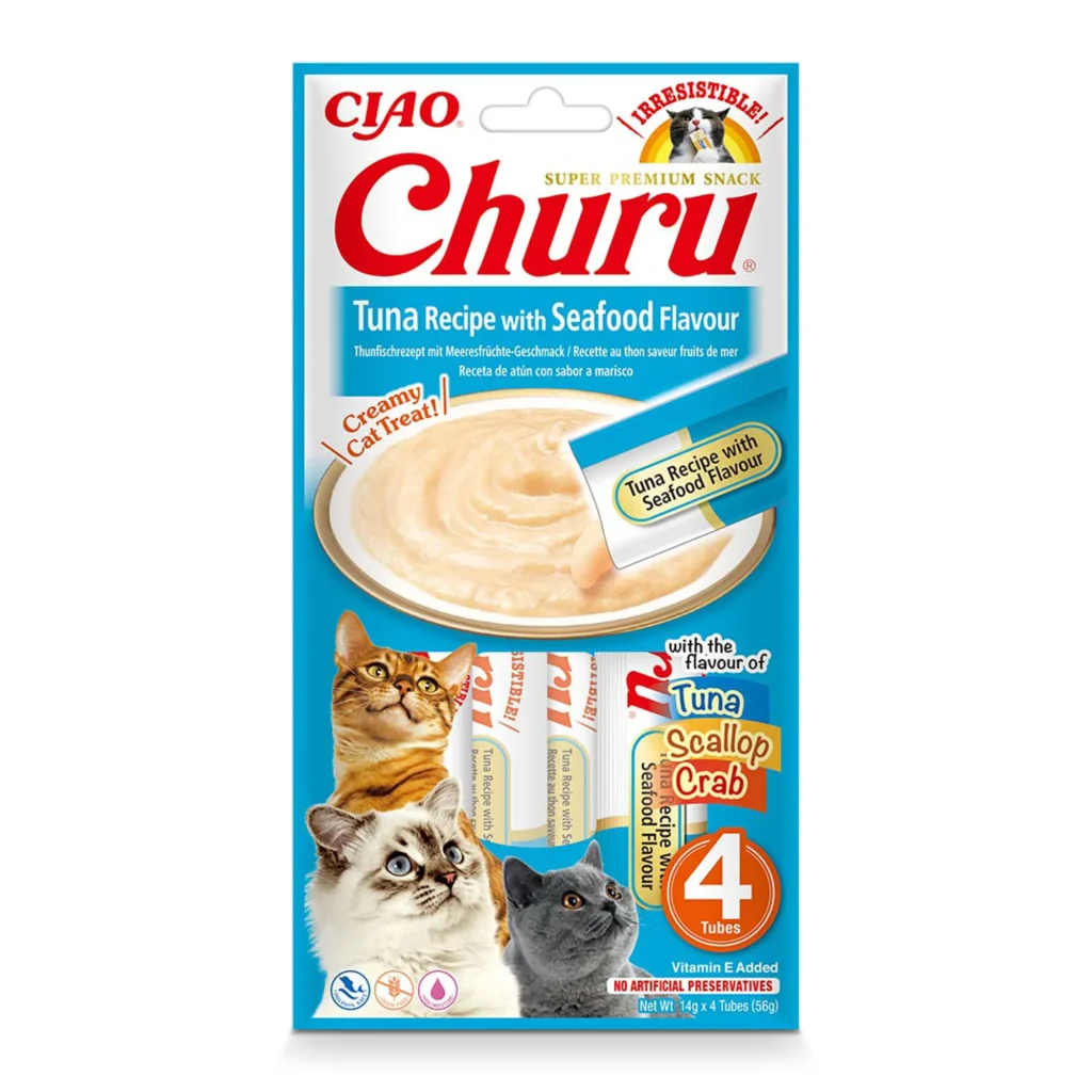 Front packaging of Churu Tuna Recipe with Seafood Flavour cat treats, 4 tubes pack