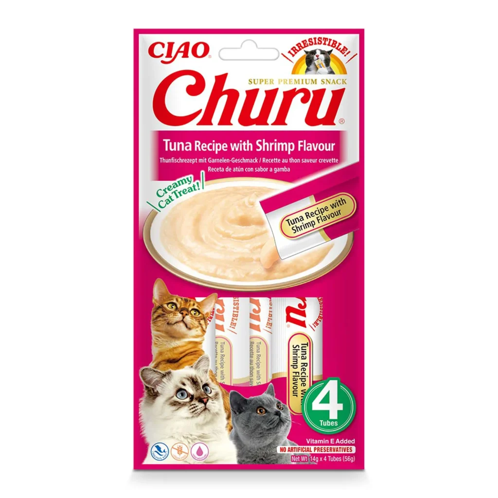 Front packaging of Churu Tuna Recipe with Shrimp Flavour cat treats, 4 tubes pack