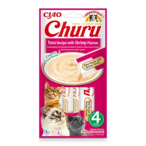 Front packaging of Churu Tuna Recipe with Shrimp Flavour cat treats, 4 tubes pack