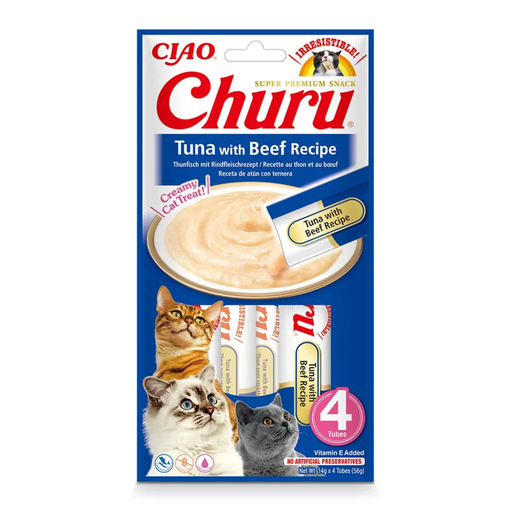 Front packaging of Churu Tuna With Beef Recipe cat treats, 4 tubes pack