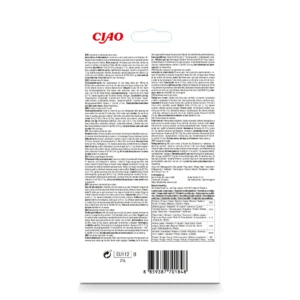Back of Churu Tuna With Cheese Recipe packaging showing ingredients and nutritional analysis.