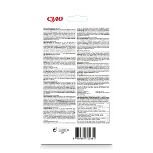 Back of Churu Tuna with Chicken Recipe packaging showing ingredients and nutritional analysis.