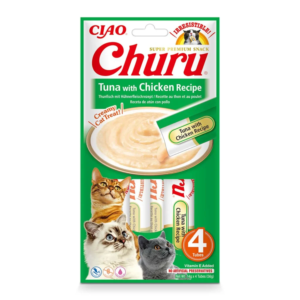 Front packaging of Churu Tuna with Chicken Recipe cat treats, 4 tubes pack.