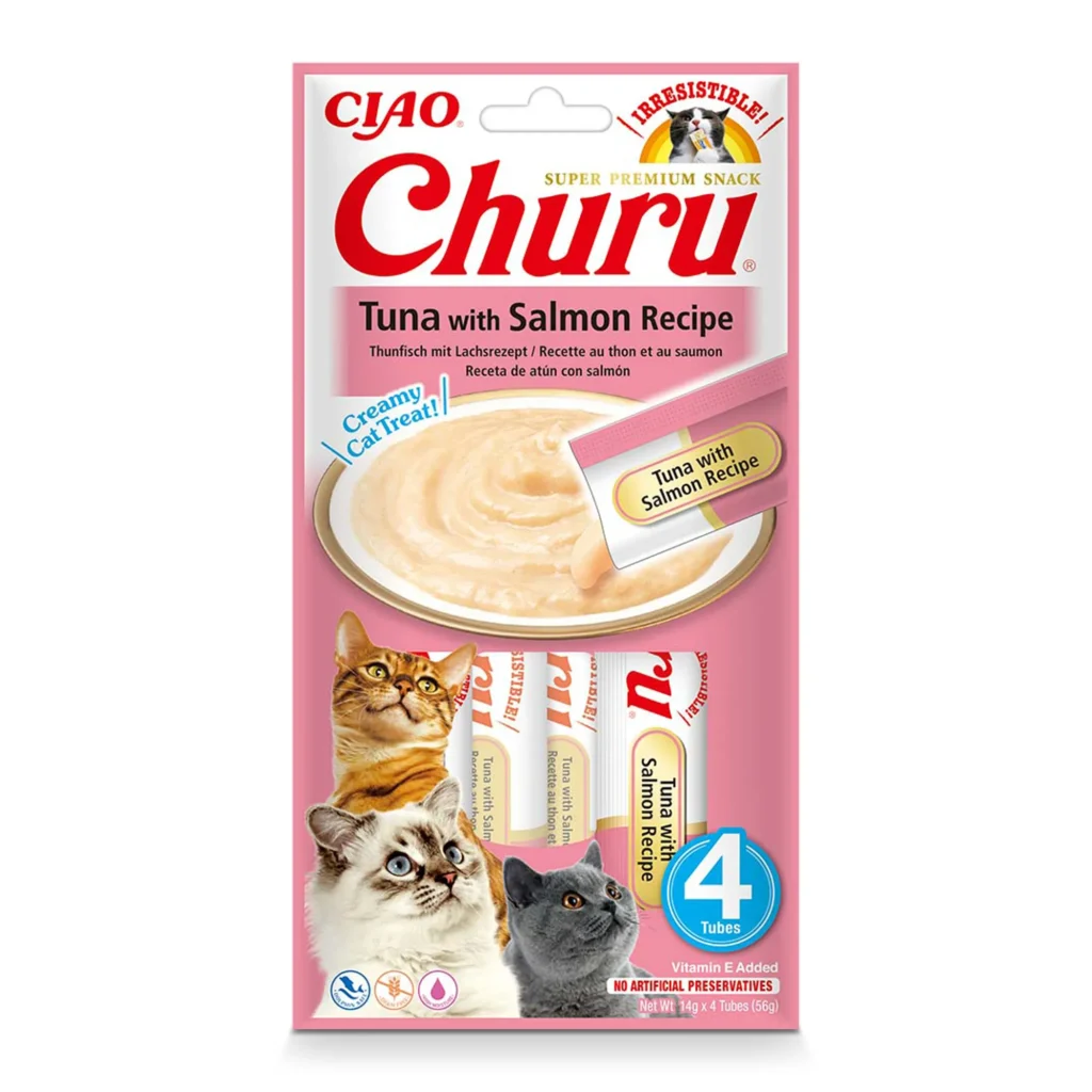 Front packaging of Churu Tuna With Salmon Recipe cat treats, 4 tubes pack