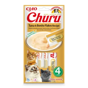 Front packaging of Churu Tuna & Bonito Flakes Recipe cat treats, 4 tubes pack