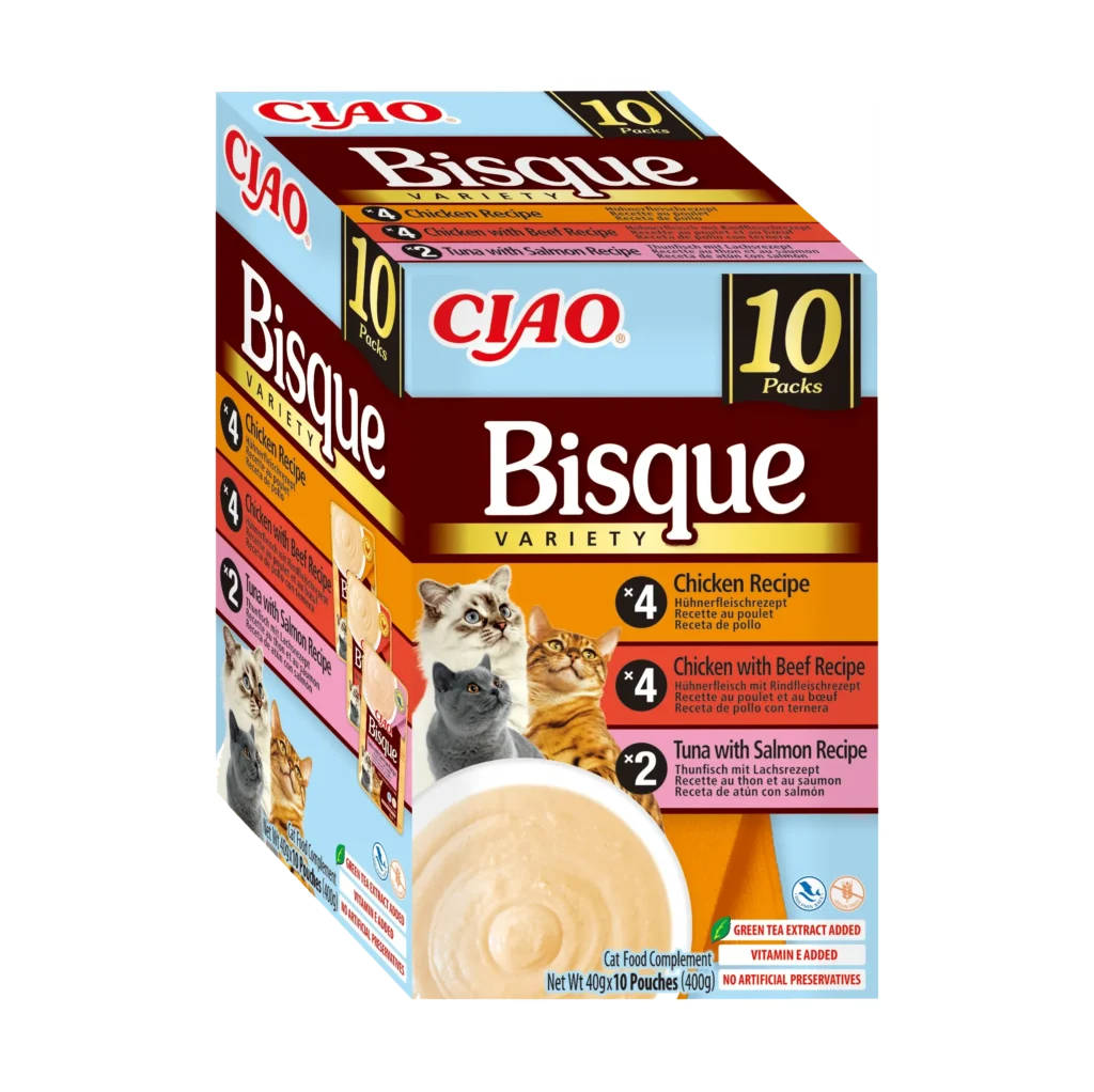 Front packaging of Ciao BISQUE Chicken, beef, tuna and salmon variety 1 - 10 tubes pack