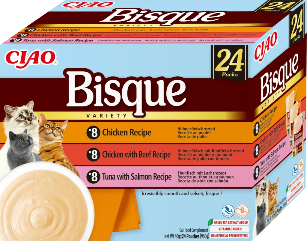 Front packaging of Ciao BISQUE Chicken, beef, tuna and salmon variety 1 - 24 tubes pack